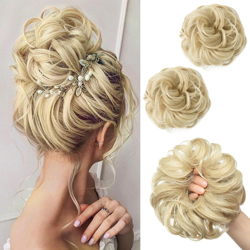 Sarla 2Pcs Messy Hair Bun Extensions Wavy Curly Synthetic Scrunchies Ash Blonde