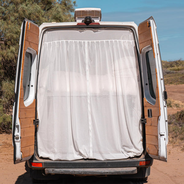 Living in a Bubble White Boho-Chic Bug Screens & Curtains for Mercedes-Benz Sprinter Mid/High Roof, Ford Transit, and Other Campervans, Rear Door Flyscreen Mosquito Net, Center Zipper Closure