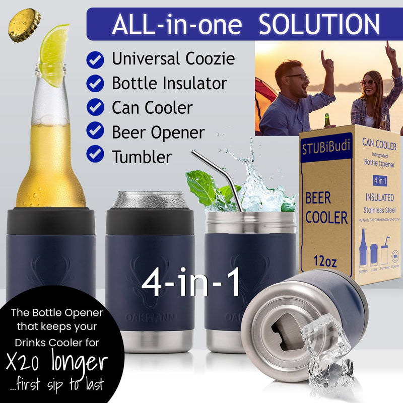 Navy Insulated Beer Can Cooler with Built-In Opener 12 Oz