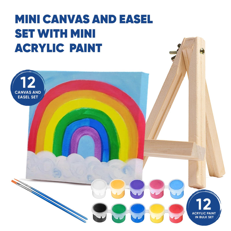 12 Mini 4x4 Inches Canvas & Easel Set with 10 Colors Acrylic Paint for Kids