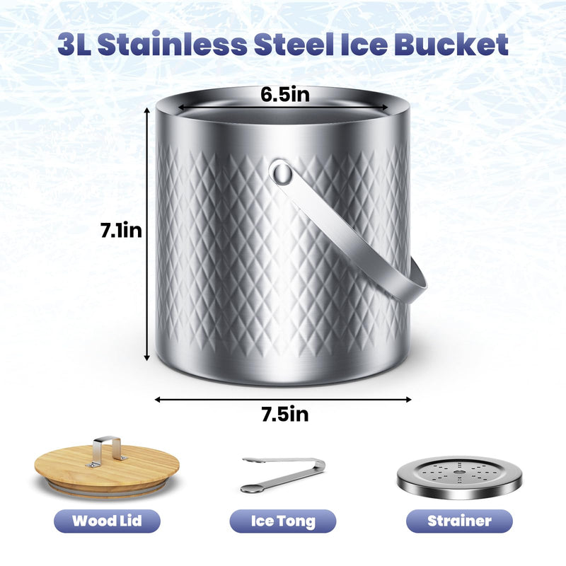 Silver Insulated Ice Bucket with Tongs, Lid & Divider - 3L Capacity