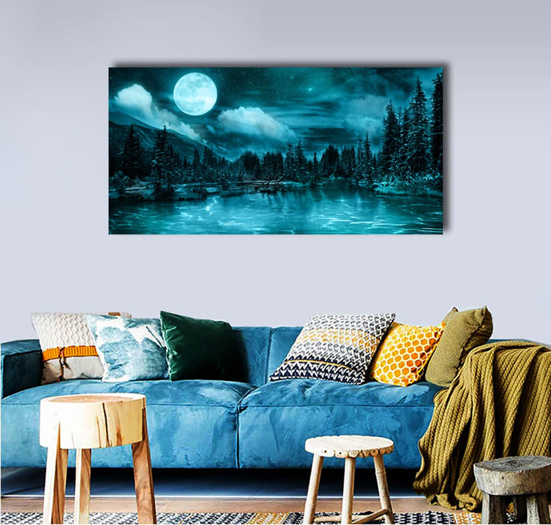 Moonlit Forest Landscape Canvas Wall Art 20"x40"