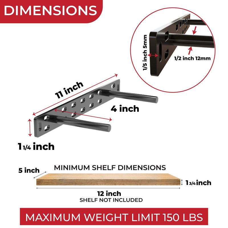 Heavy Duty Black Floating Shelf Brackets - 11 Inch with 4 Inch Rods