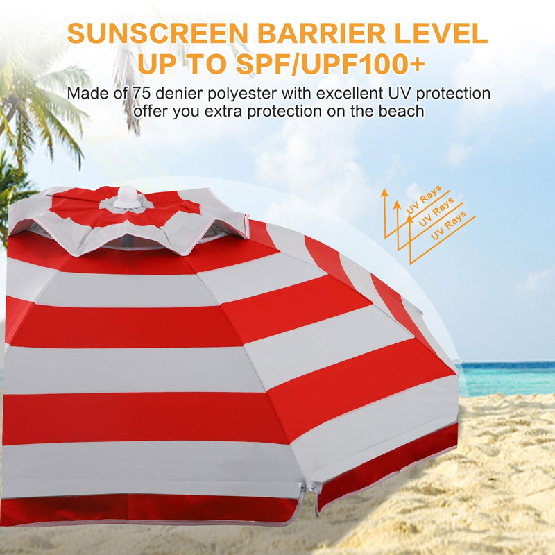 6ft Red Stripe Beach Umbrella with Tilt & Windproof Features