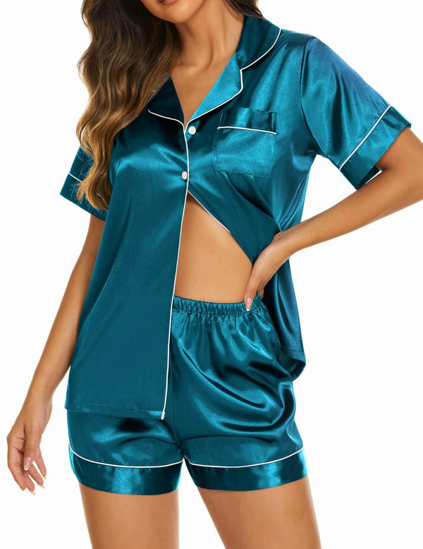 Ekouaer Kids Satin Silk Pajamas Shorts Sleepwear 2 Piece Lake Blue Medium