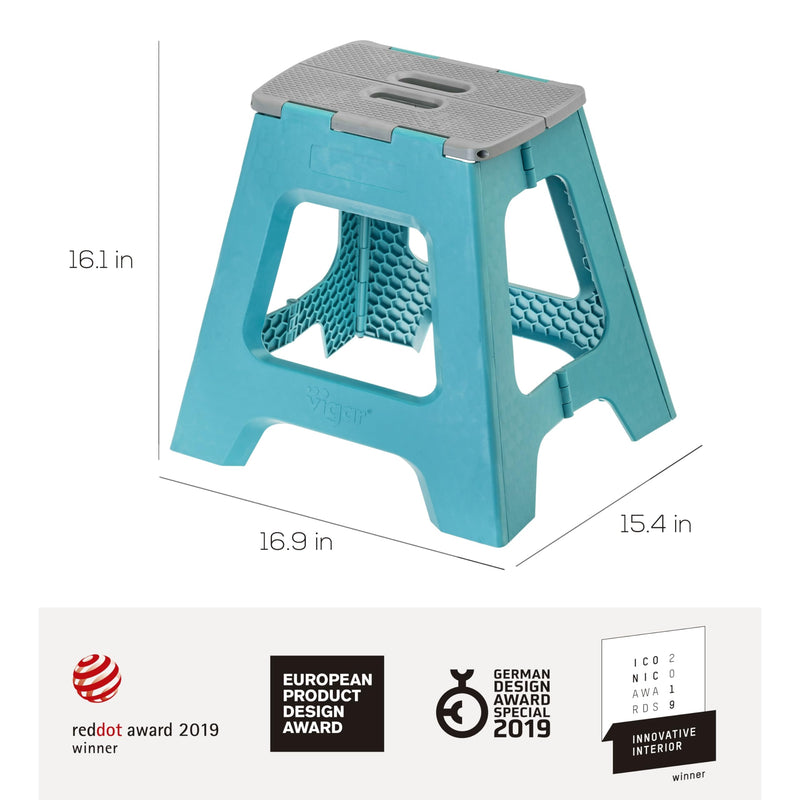 Foldable Turquoise 16-Inch 2-Step Stool for Adults, Non-Slip Design