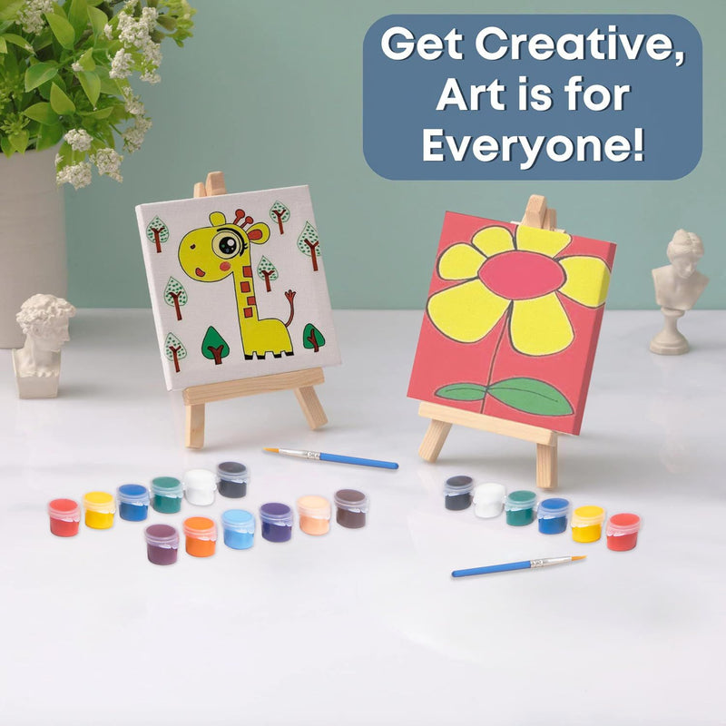 12 Mini 4x4 Inches Canvas & Easel Set with 10 Colors Acrylic Paint for Kids