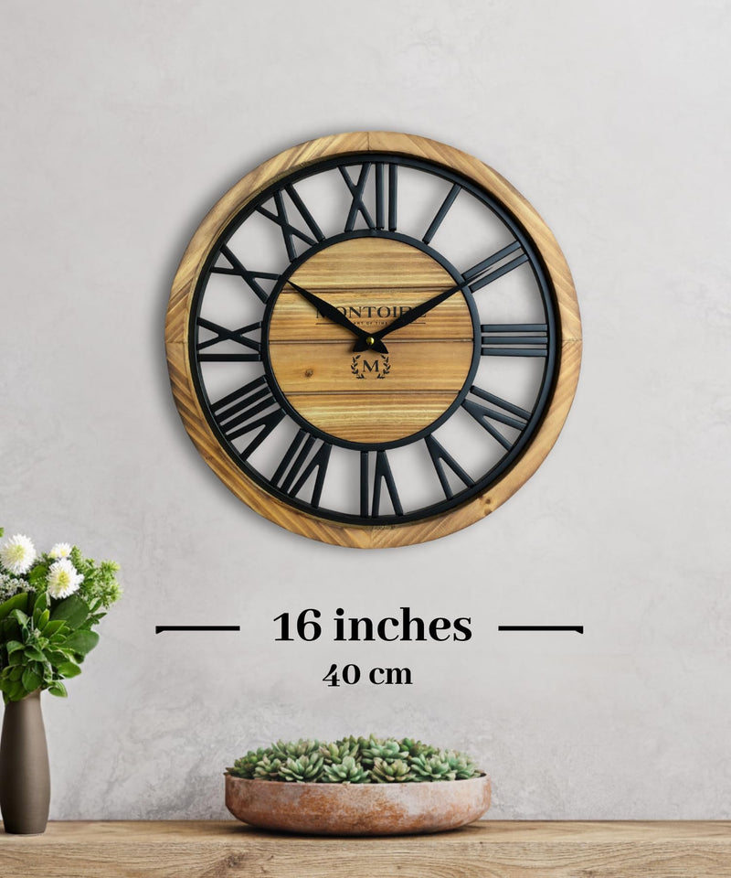 16-Inch Rustic Wooden Wall Clock with Roman Numerals - Battery Operated