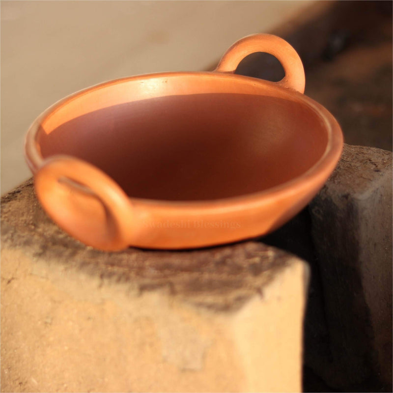 Swadeshi Blessings Unglazed Clay Kadai 1.8l With Palm Leaf Stand Handmade