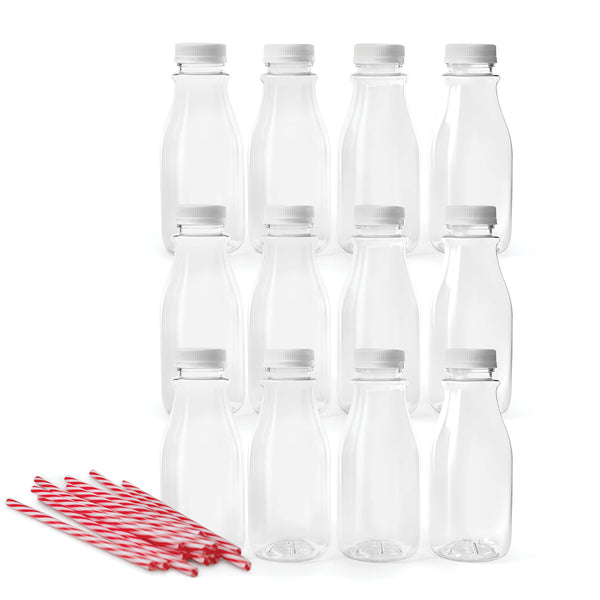 12oz Vintage Plastic Milk Bottles With Lids & Straws 12 Pack for Parties & Decor