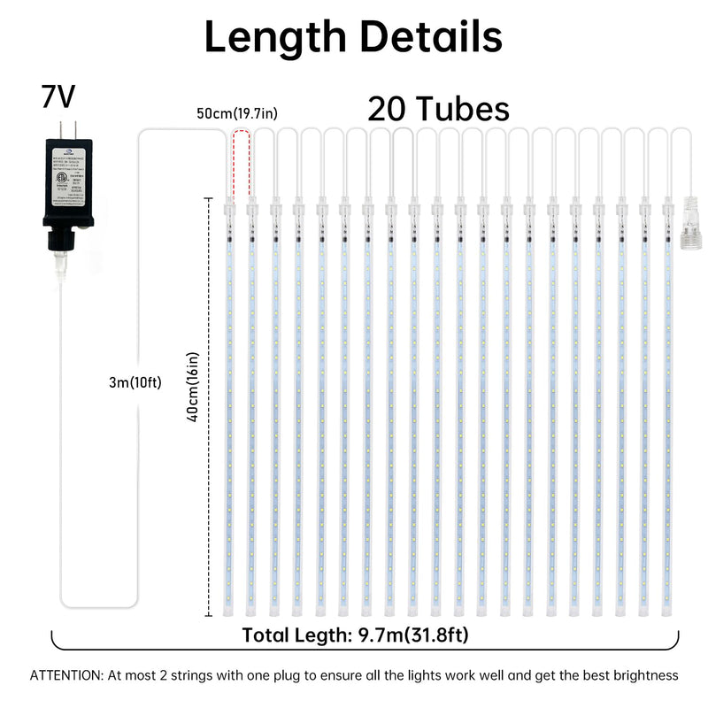 Aluan Meteor Shower LED Lights 20 Tube Outdoor Waterproof