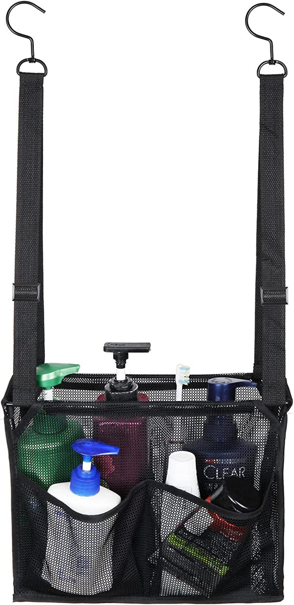 Hanging Mesh Shower Caddy with Hooks and 4 Pockets - Black