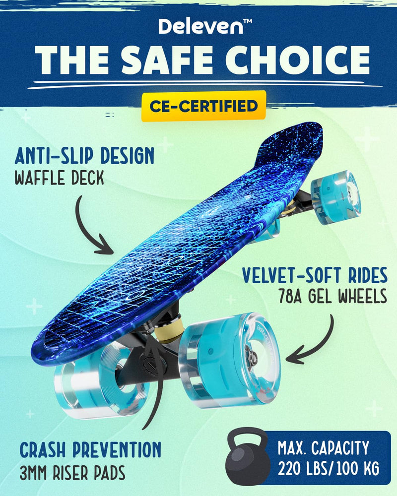 Deleven 22" LED Kids and Adults Skateboard - Blue Galaxy