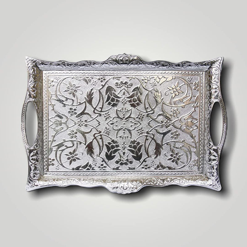 Ottoman Turkish Zamak Silver Serving Tray with Traditional Motifs