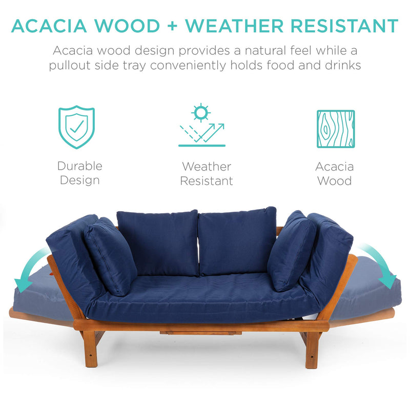 Convertible Acacia Wood Patio Sofa with Tray & Cushions - Navy