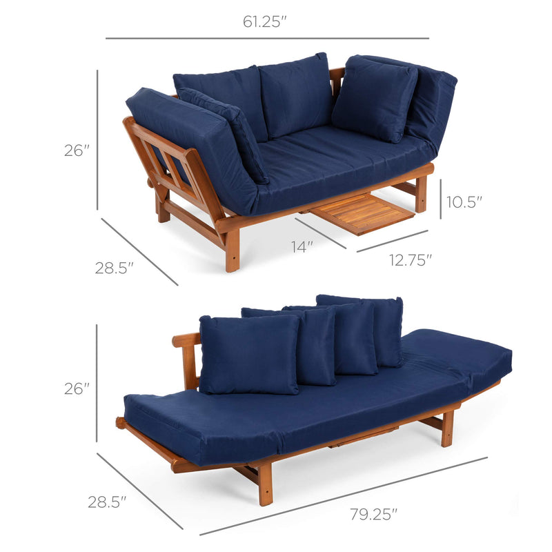 Convertible Acacia Wood Patio Sofa with Tray & Cushions - Navy