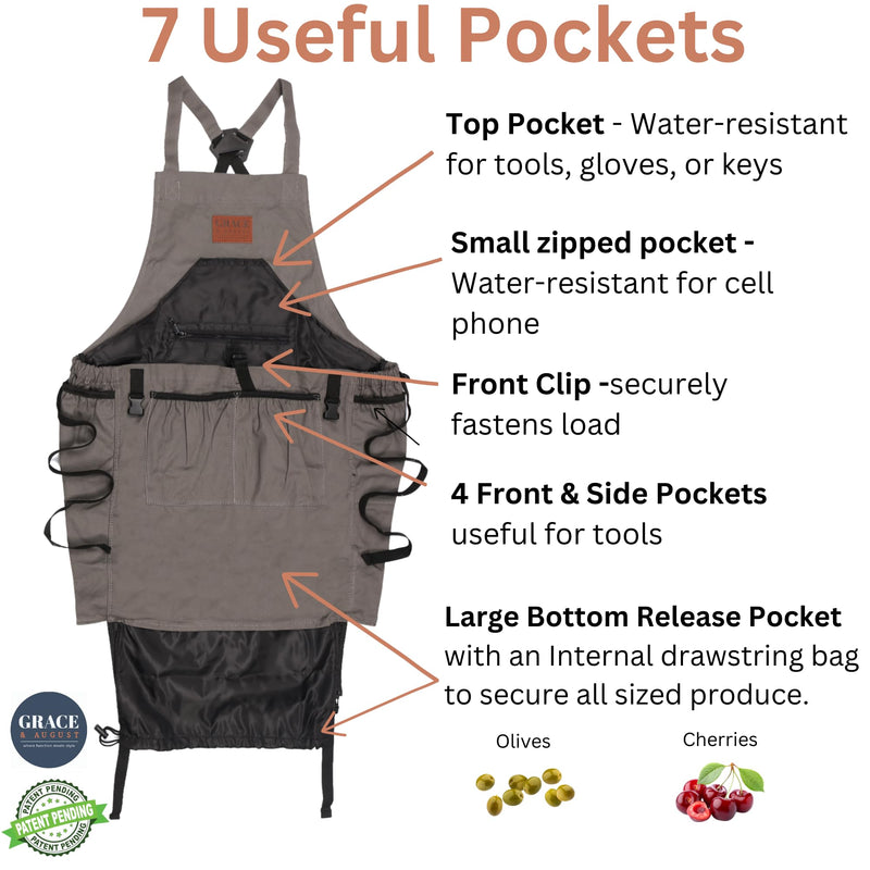 Grace and August Gardening Apron With 7 Pockets Drawstring Bag Grey Pumpkin