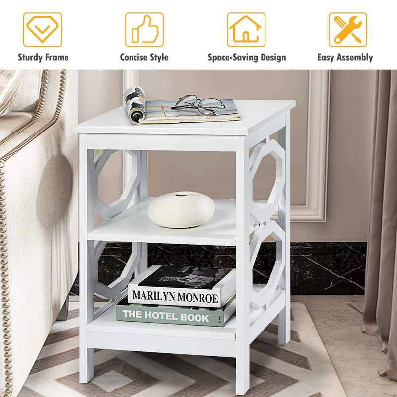 Kotek 3 Tier White Nightstand with Storage Shelves