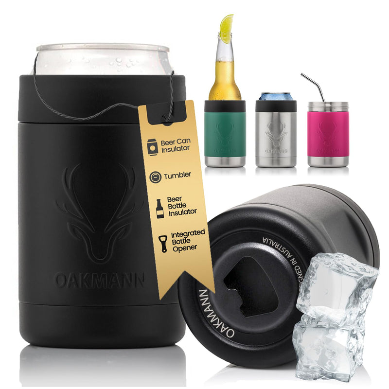 Oakmann Insulated Beer Bottle & Can Cooler with Opener - Matte Black