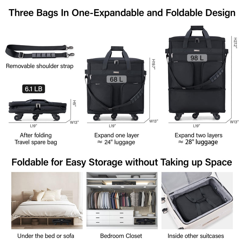 Hanke Expandable Foldable Rolling Travel Bag, Black, 68L-98L