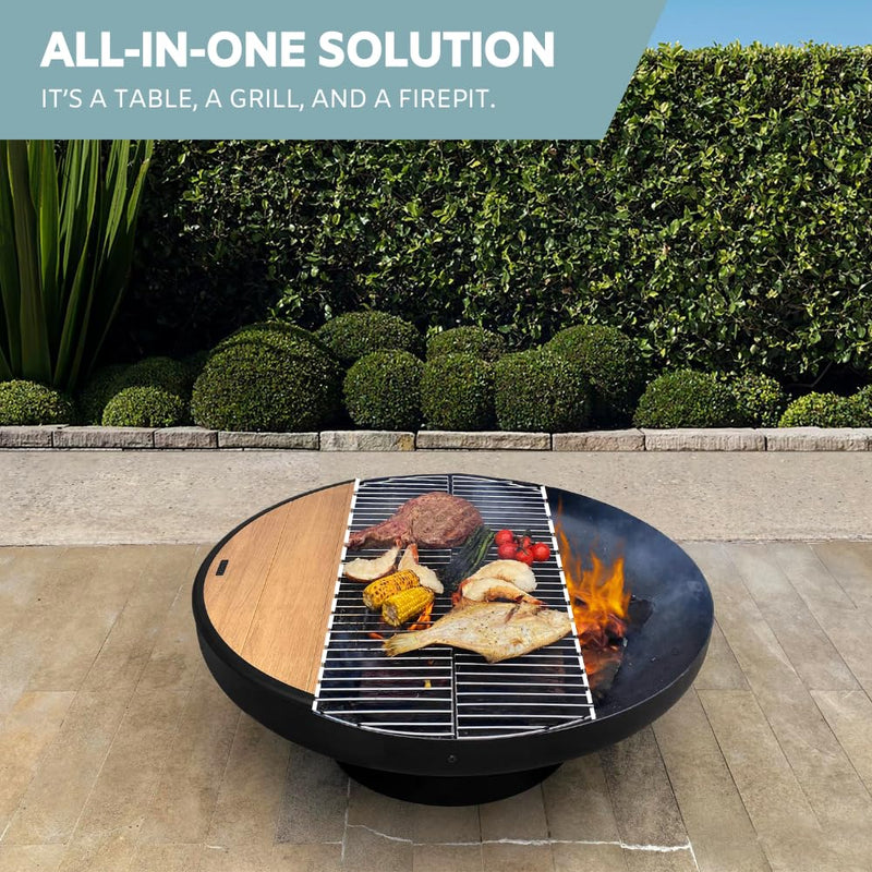 Black 32-Inch Cast Iron Fire Pit with Grill and Lid