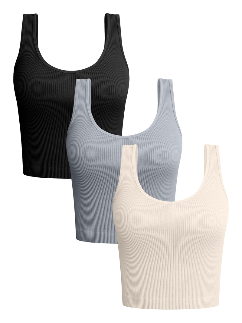 Oqq Women's 3 Piece Ribbed Tank Tops Seamless Yoga Crop Tops Black & Grey Beige