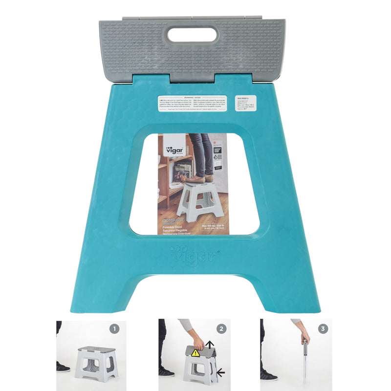 Foldable Turquoise 16-Inch 2-Step Stool for Adults, Non-Slip Design