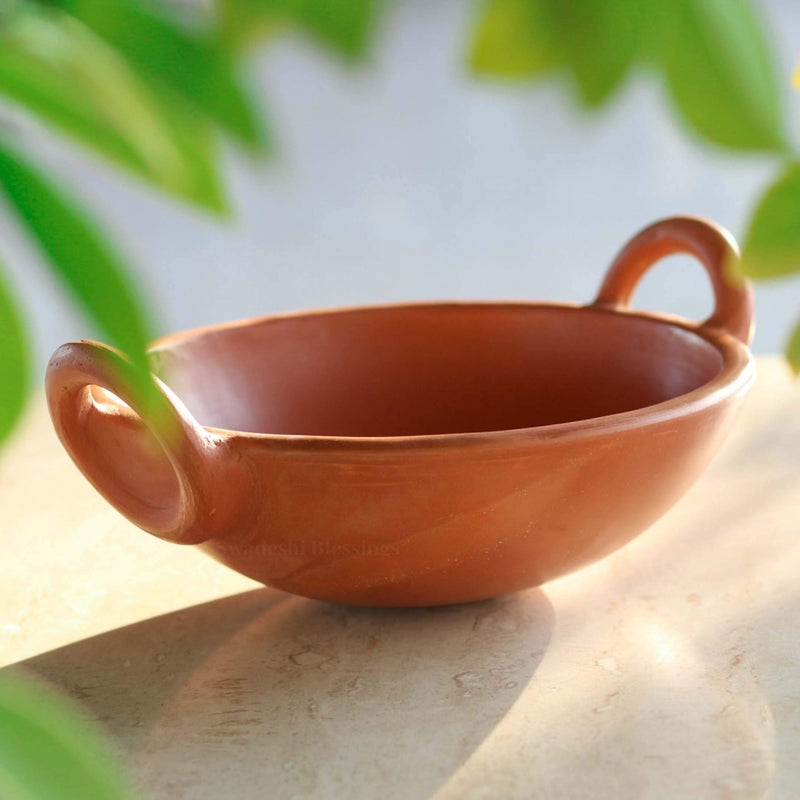 Swadeshi Blessings Unglazed Clay Kadai 1.8l With Palm Leaf Stand Handmade