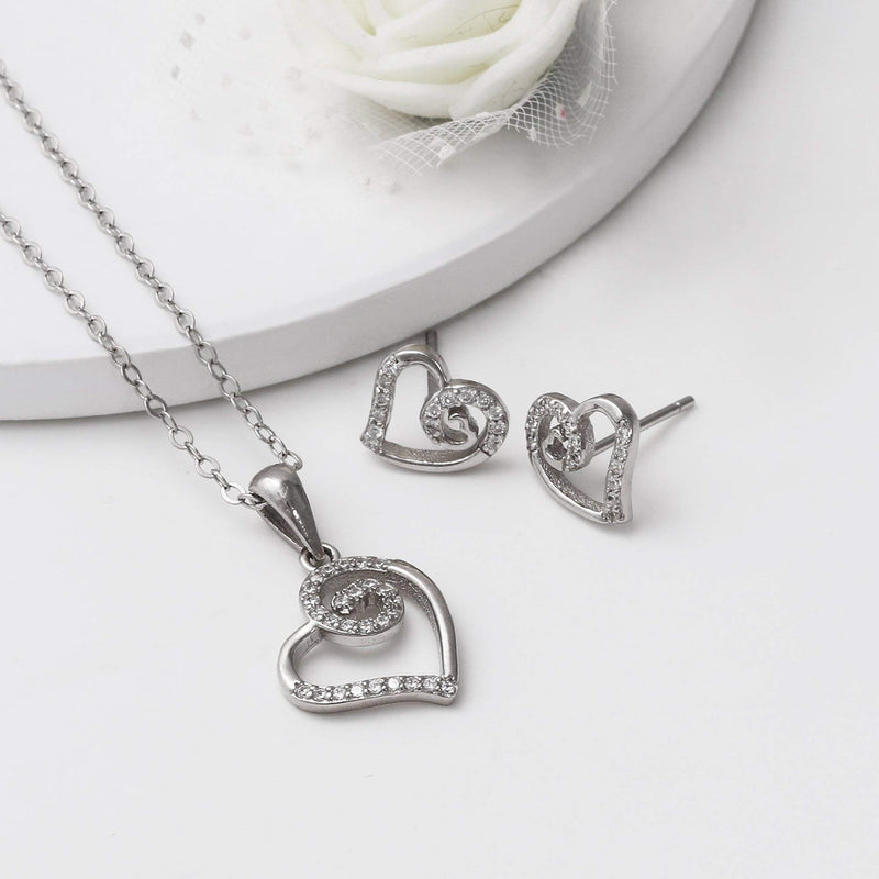 Giva 925 Sterling Silver Zircon Curl Heart Set Link Chain Earrings & Pendant