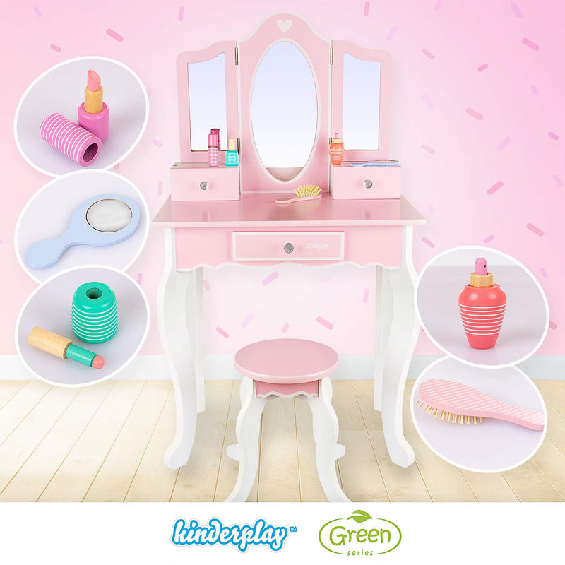 Kids Pink Vanity Set With Mirror and Stool Girls Dressing Table With Accessories