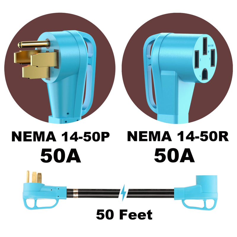 50 Ft 50 Amp RV/EV Extension Cord NEMA 14-50 Plug - Blue
