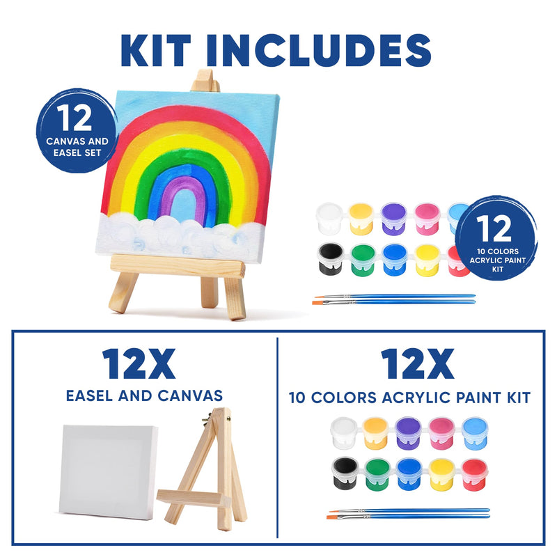 12 Mini 4x4 Inches Canvas & Easel Set with 10 Colors Acrylic Paint for Kids