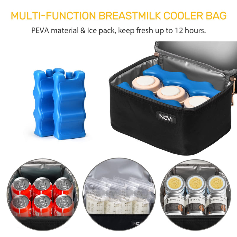 NCVI Breastmilk Cooler Bag with 2 Ice Pack Breast Pump Bag Picnic Black