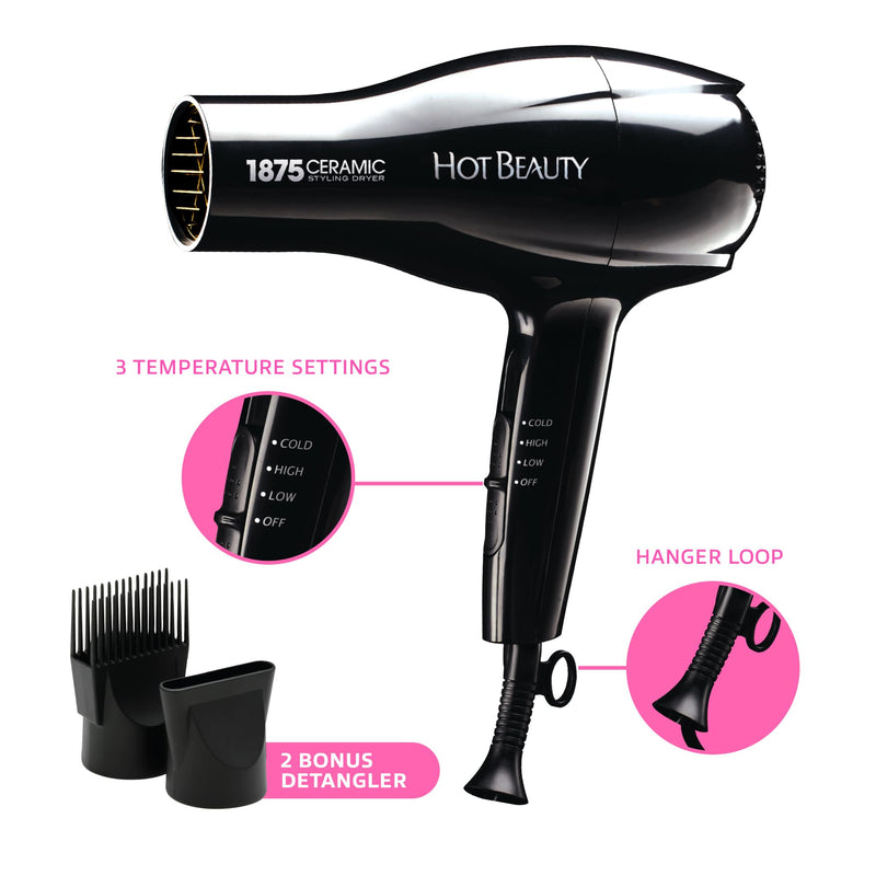 1875W Ceramic Hair Dryer with 2 Attachments Adjustable Heat & Speed Settings