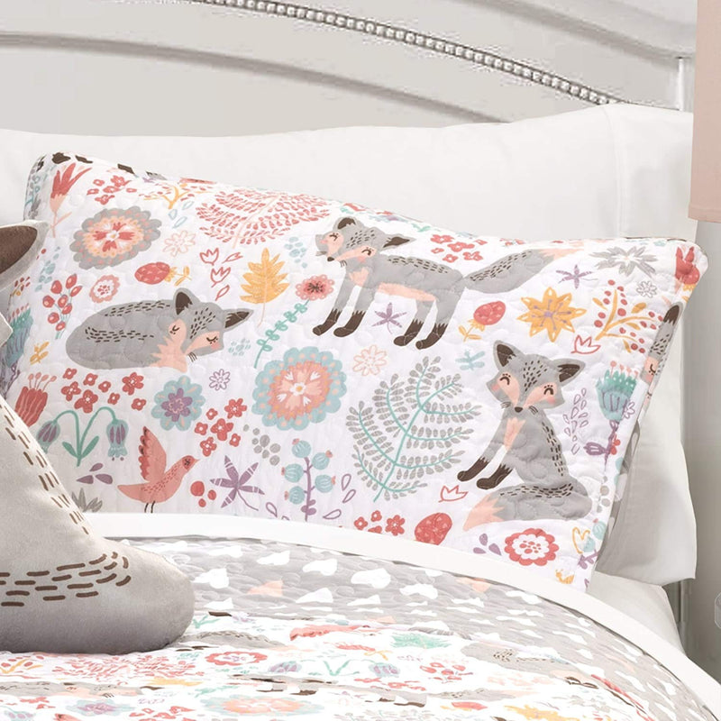 Whimsical Fox and Floral Twin Quilt Set - Gray & Pink