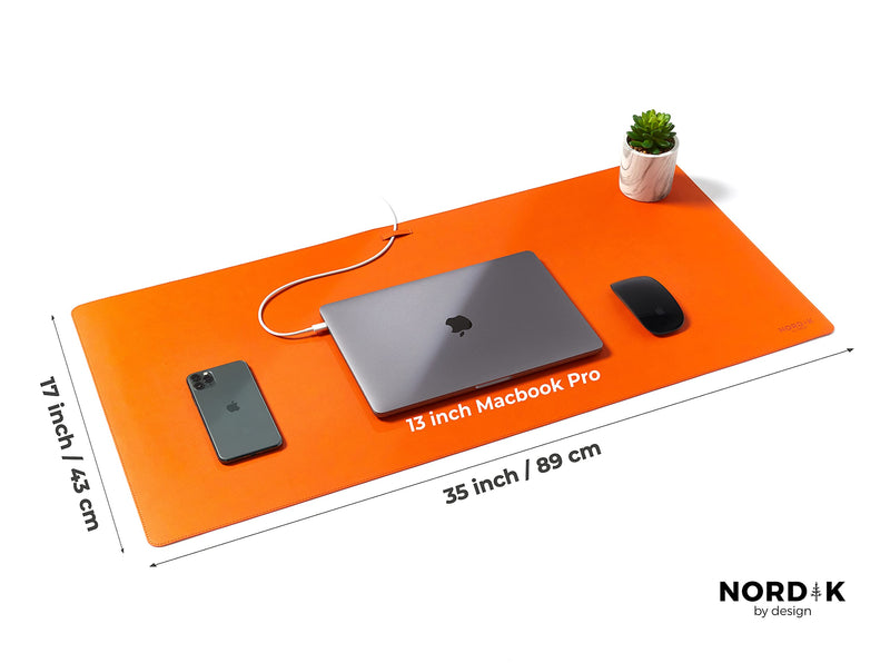 Nordik Tangerine Orange Vegan Leather Desk Mat 35x17 Inch