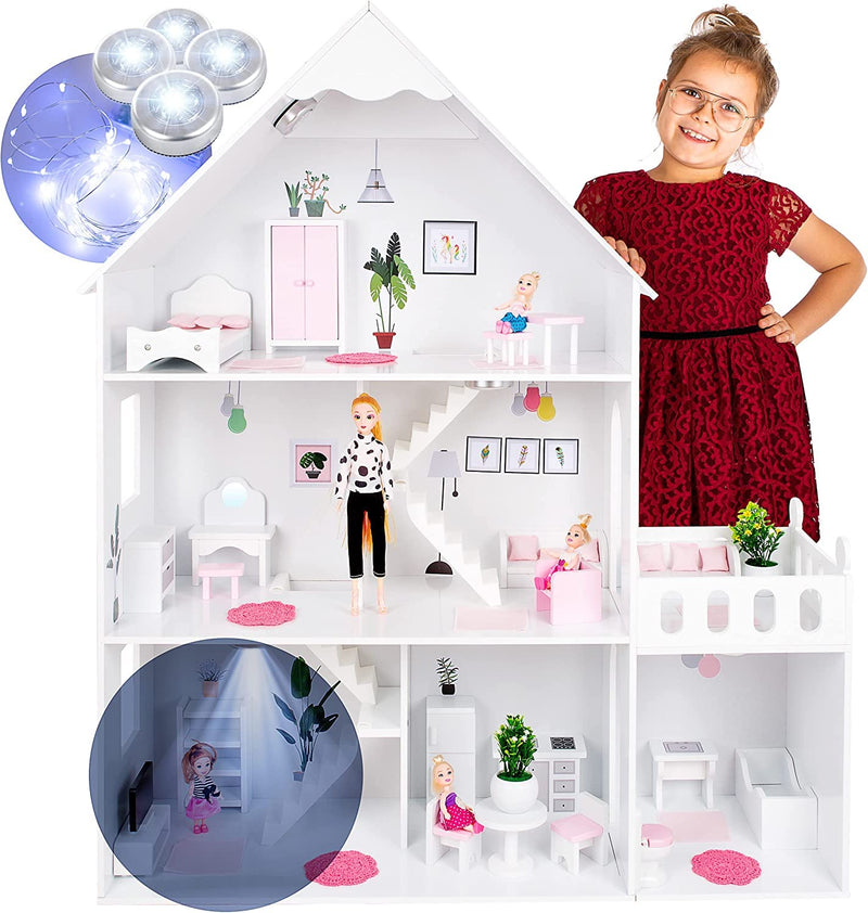 Kinderplay White 3 Floor Wooden Dollhouse with Accessories