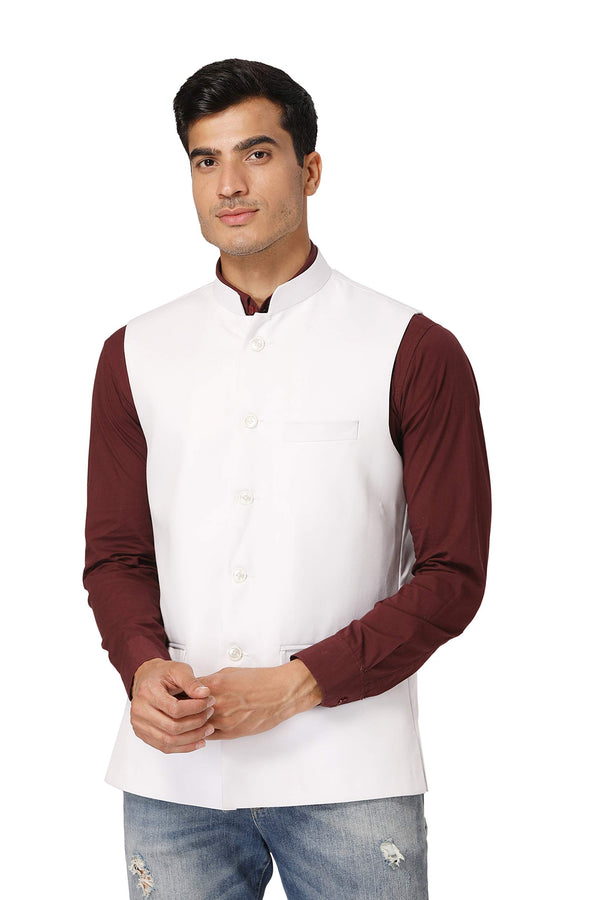 WINTAGE Men's Polyester Cotton White Modi Nehru Jacket Large