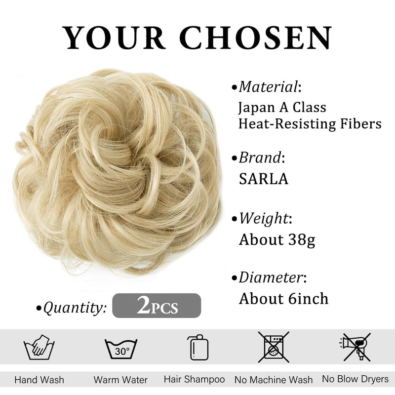 Sarla 2Pcs Messy Hair Bun Extensions Wavy Curly Synthetic Scrunchies Ash Blonde