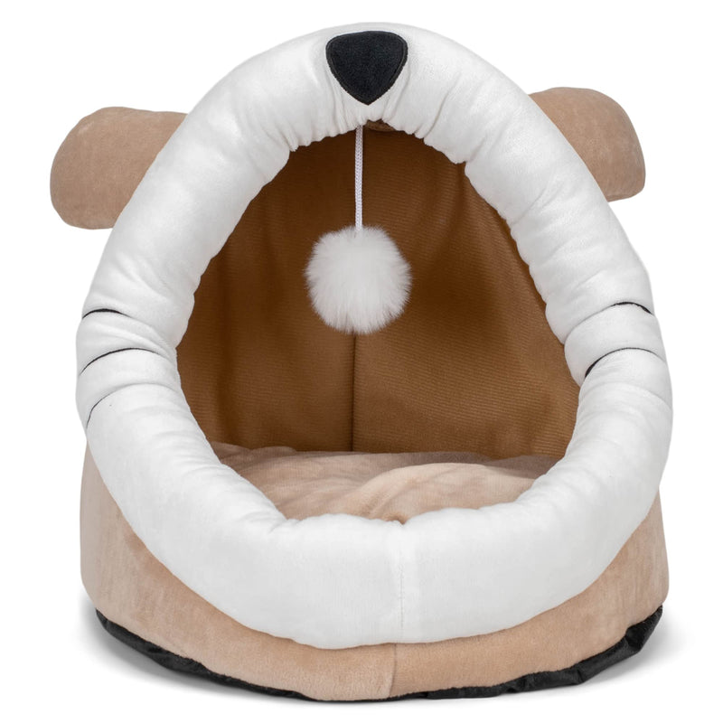 Nat & Jules Kitty Cat Face 15 Inch Plush Fabric Cave Bed With Dangle Toy Warm Beige