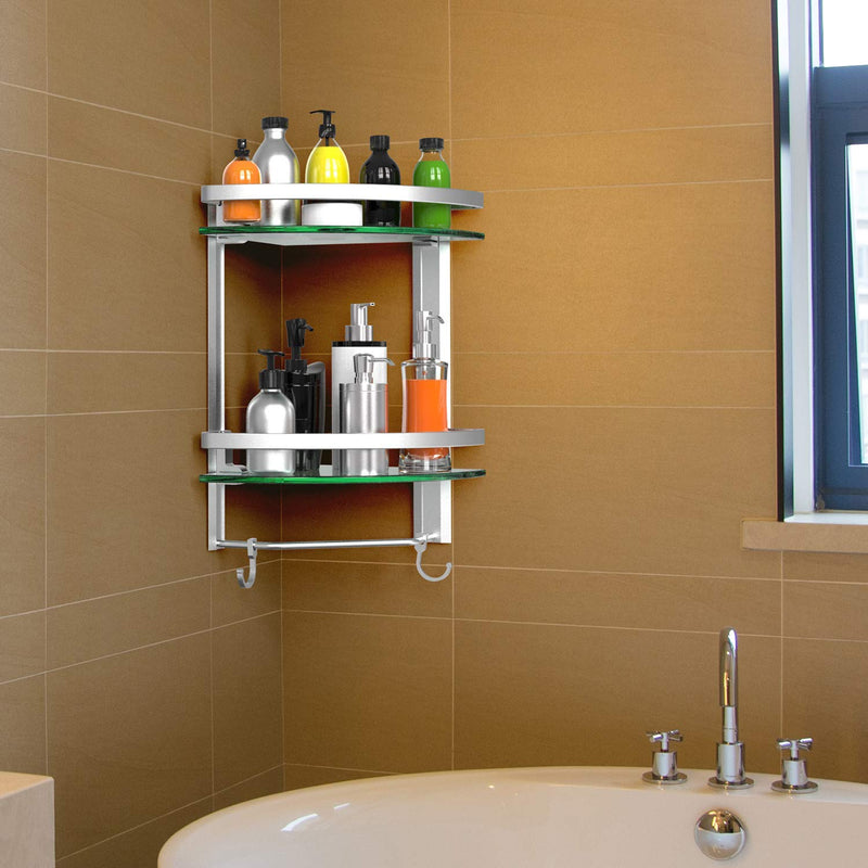 Vdomus 2 Tier Glass Corner Shelf Bathroom Shower Organizer With Towel Bar