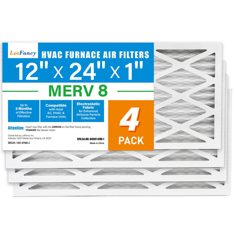 LotFancy MERV 8 12x24x1 HVAC Air Filters - 4 Pack