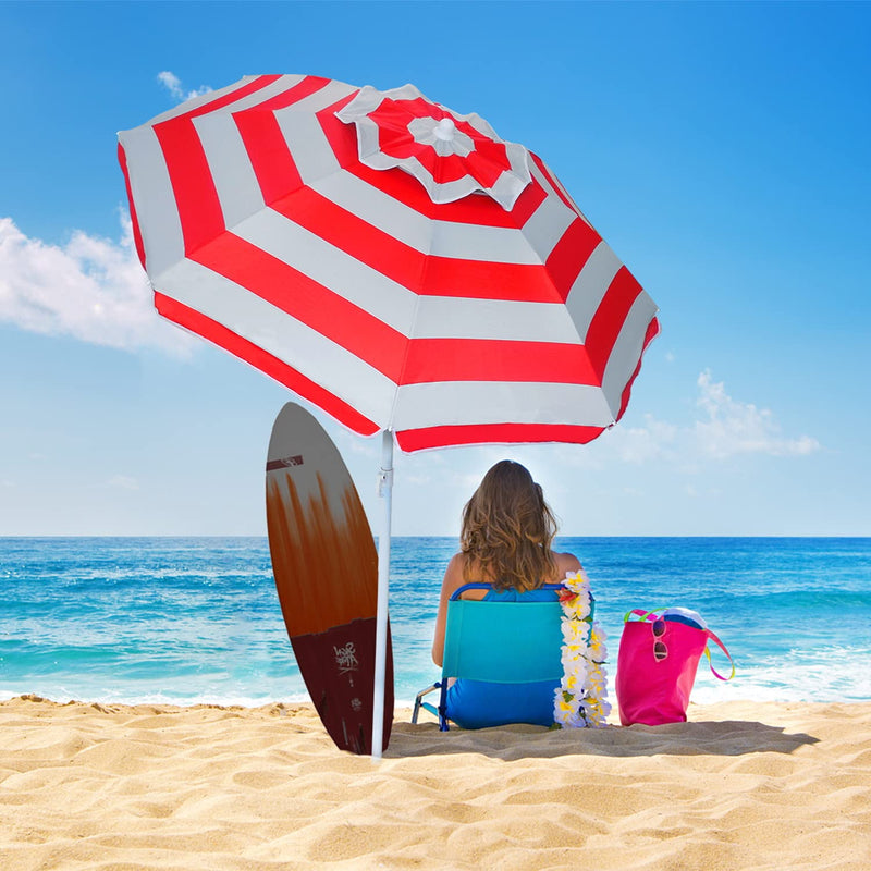 6ft Red Stripe Beach Umbrella with Tilt & Windproof Features