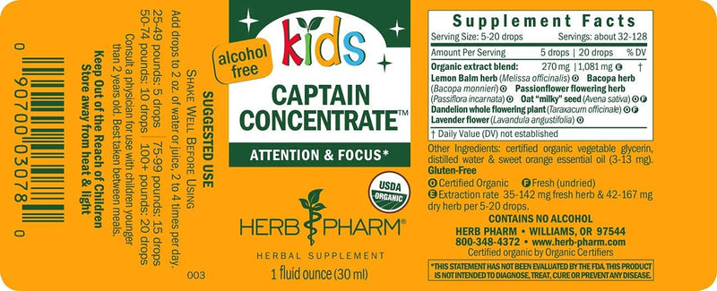 Herb Pharm Kids Alcohol Free Captain Concentrate Herbal Formula 1 Fl Oz