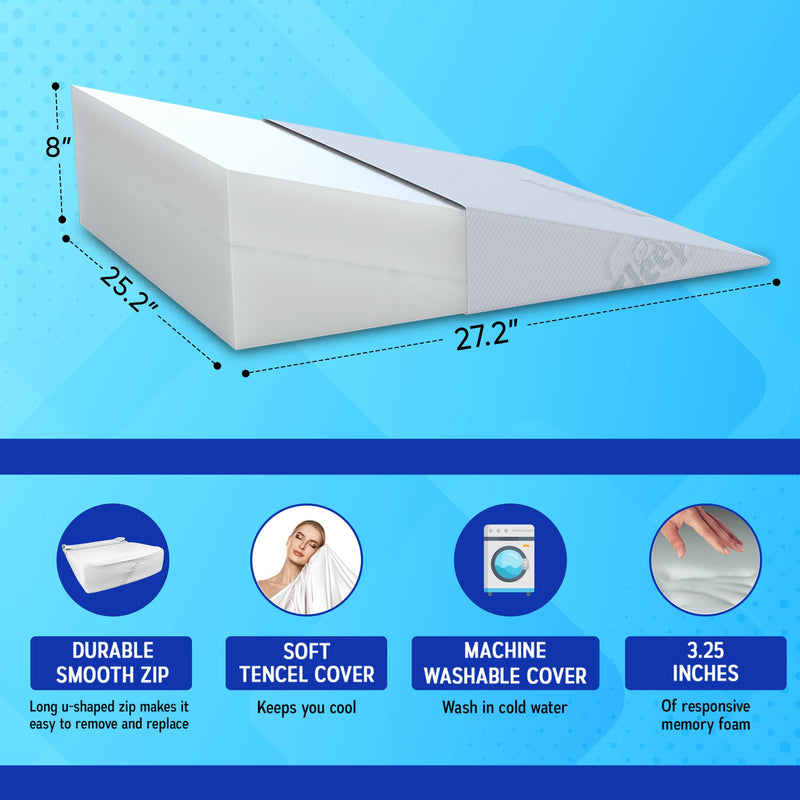 8-Inch Memory Foam Bed Wedge Pillow for Acid Reflux Relief