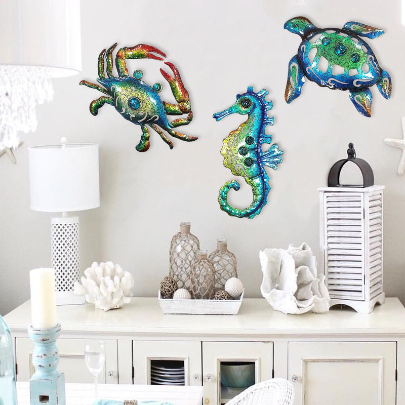 Weibefee Metal Sea Turtle Seahorse Crab Beach Themed Bathroom Wall Art Decor