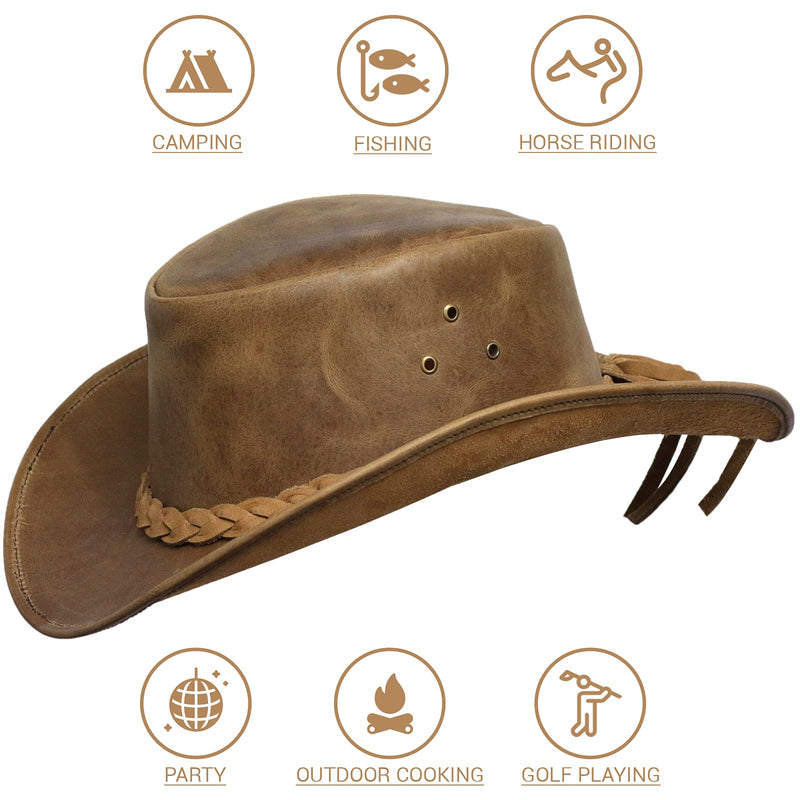 Brandslock Cowboy Hat Leather Outback Sun Hat With Chin Cord Tan Small