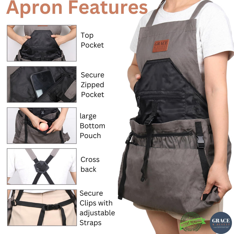 Grace and August Gardening Apron With 7 Pockets Drawstring Bag Grey Pumpkin