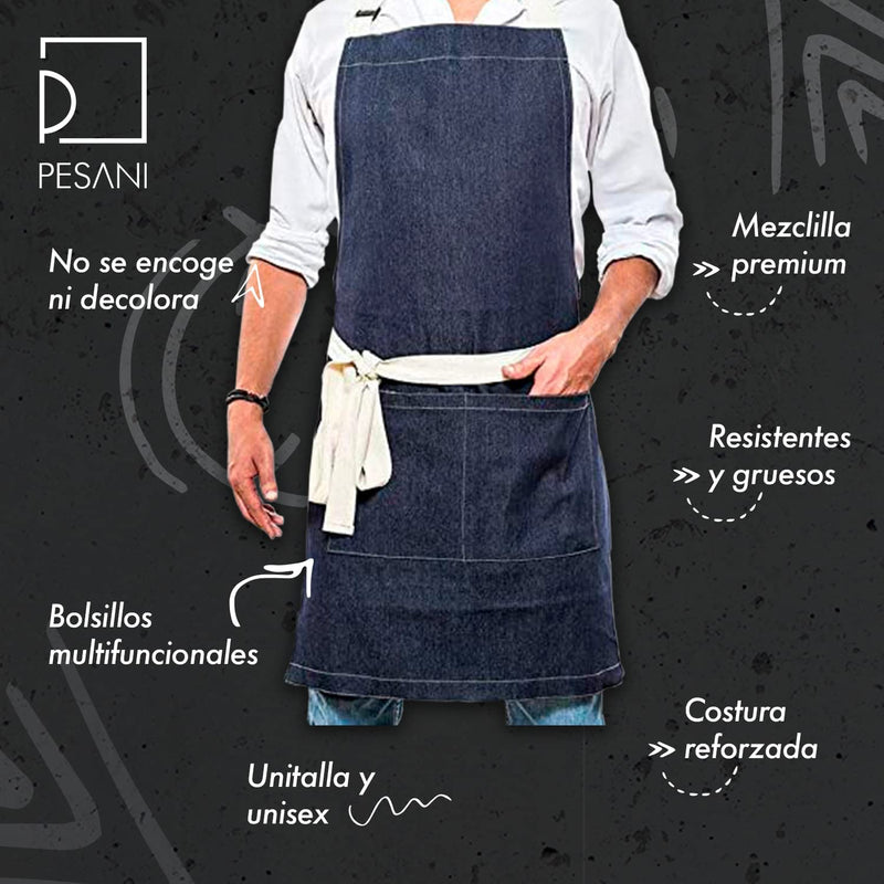 Pesani Basic Denim Chef Apron Adjustable Drawstrings Unisex for Cooking Bbq Grill