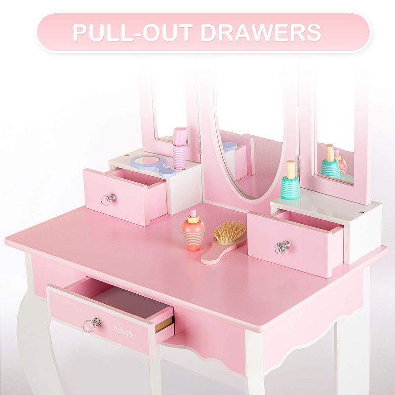 Kids Pink Vanity Set With Mirror and Stool Girls Dressing Table With Accessories